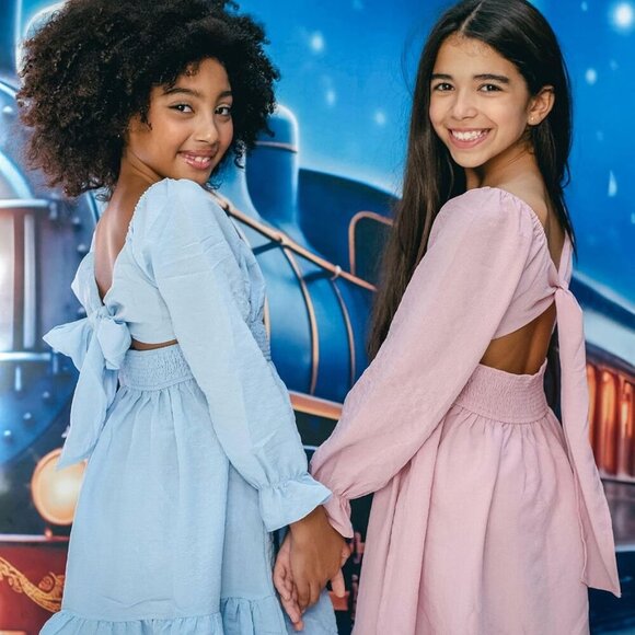 Girls Long Sleeve Tie Back Off Shoulder Dress - Pink, 11-12 Years - Picture 6 of 6